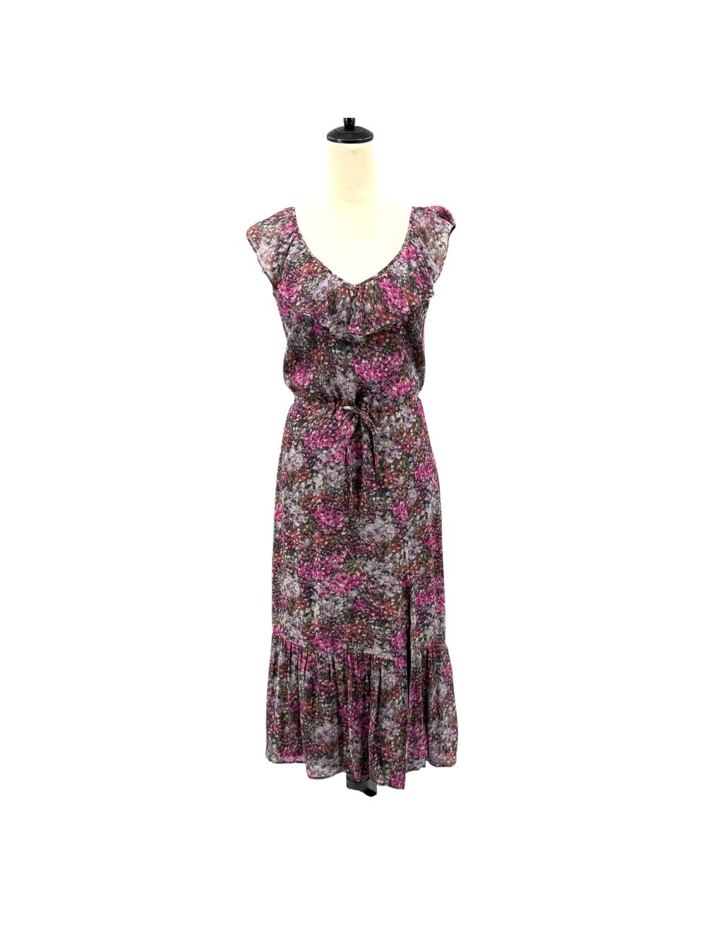 Paige Silk Black & Purple Abstract Floral V-neck Back Tie Sleeveless Midi Dress